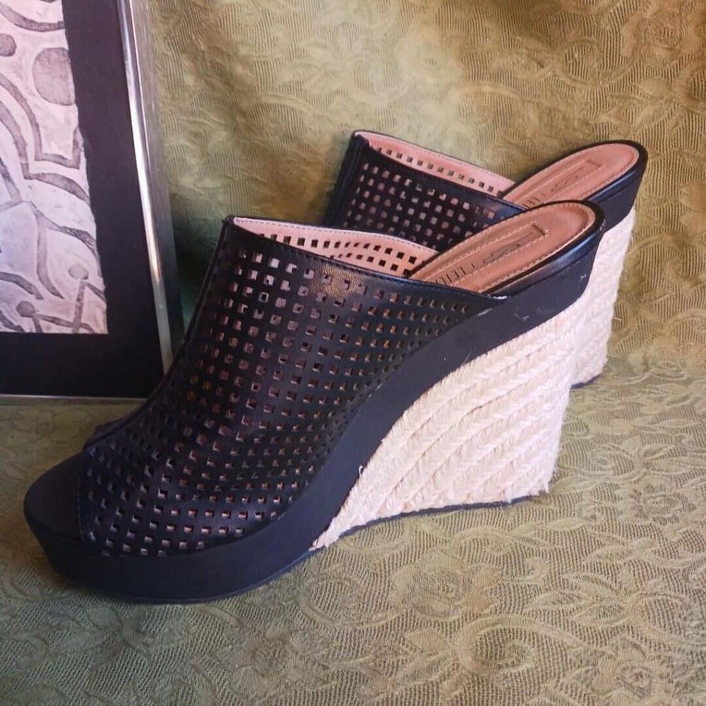 Leila Stone Black Leather Jute Wedge Sandals Size 8
